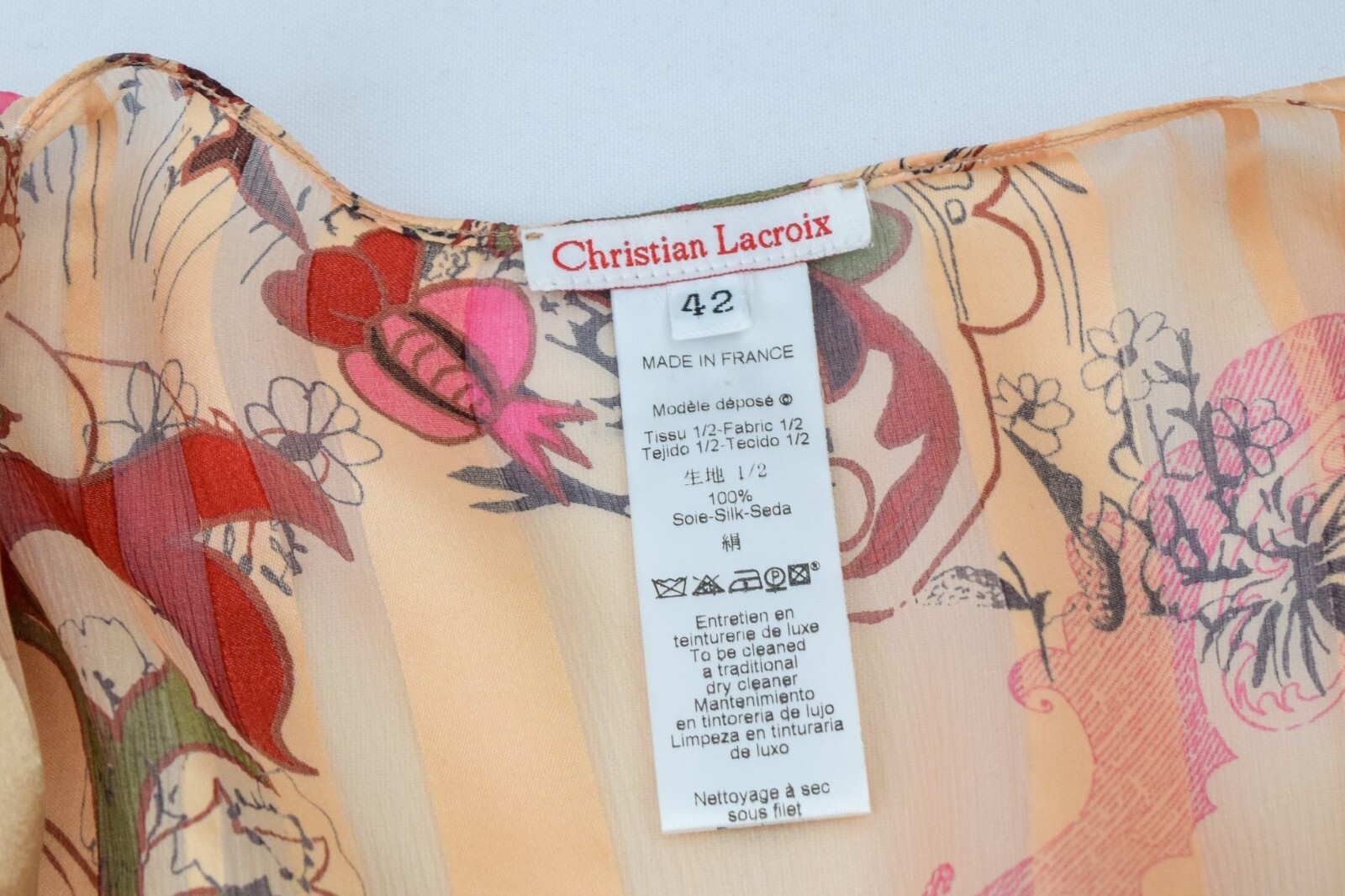NWT Vintage CHRISTIAN LACROIX Silk Blouse 42 Beige Multicolor Batik Pattern