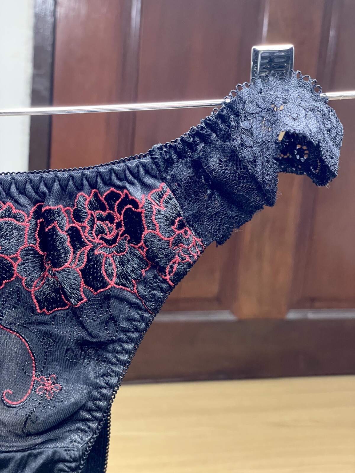 Vtg Deep Black Polyester Spandex String Panty Sz.5~6 Sheer Floral Lace Briefs