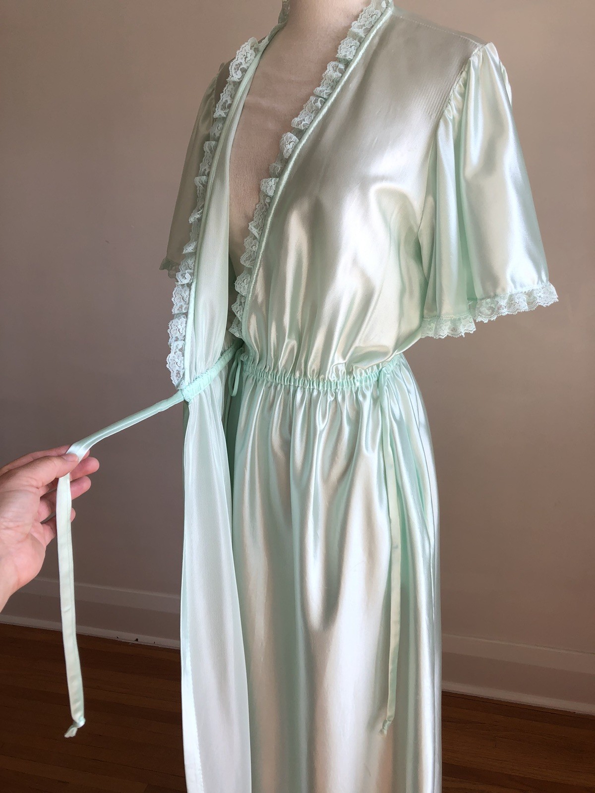 GORGEOUS VTG VAL MODE Blue Lacey Full-length Robe Dressing Gown Lingerie SZ M