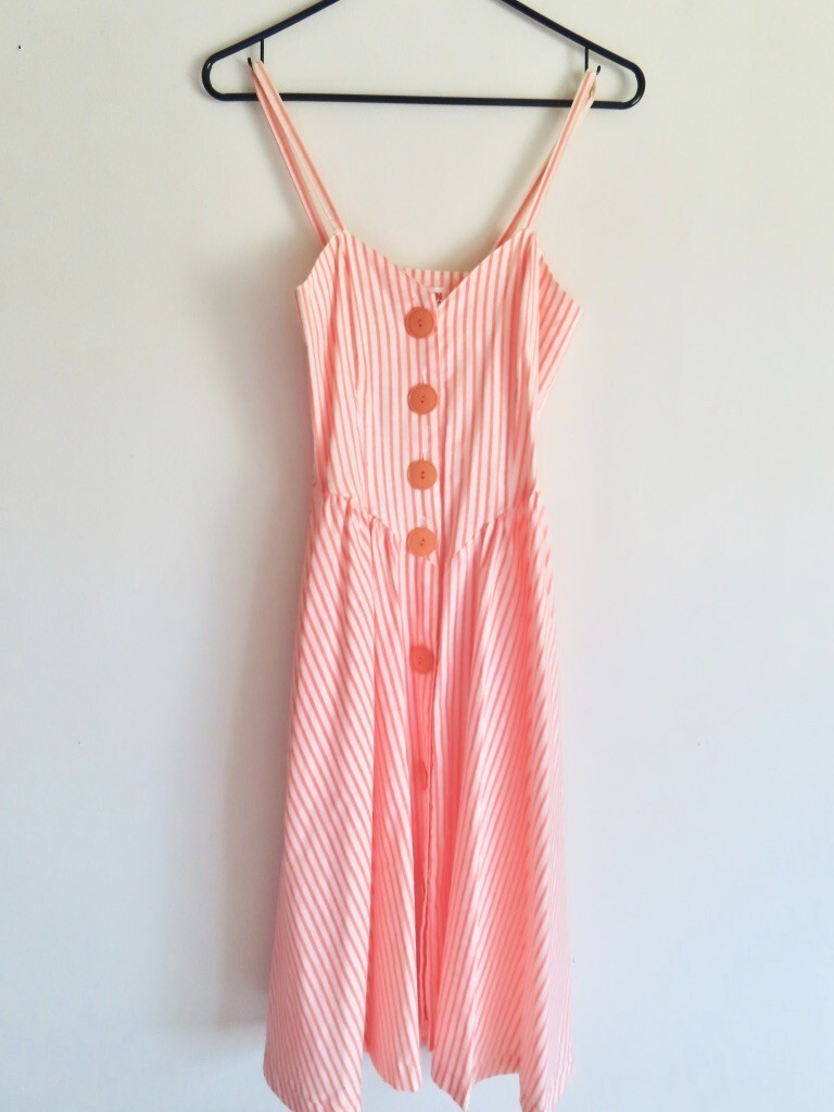 1990s Vintage Orange Stripe Pockets Hang Ten Full Skirt Dress sz XS / 32&Prime; chest