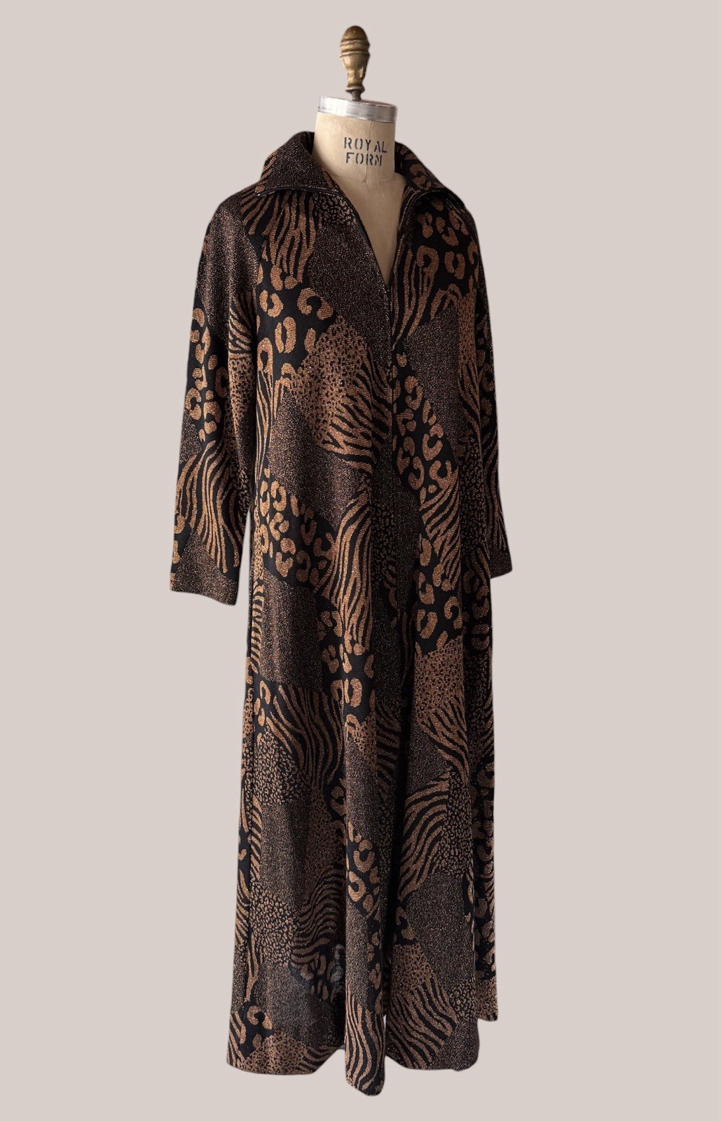 Vintage David Brown California Metallic Safari Leopard Kaftan Dress Mumu Small