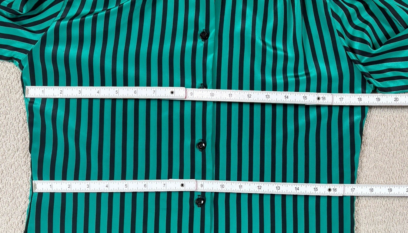 Vintage Pussy Bow Scarf Blouse Button Up Women&rsquo;s 8 Striped Green Made In USA