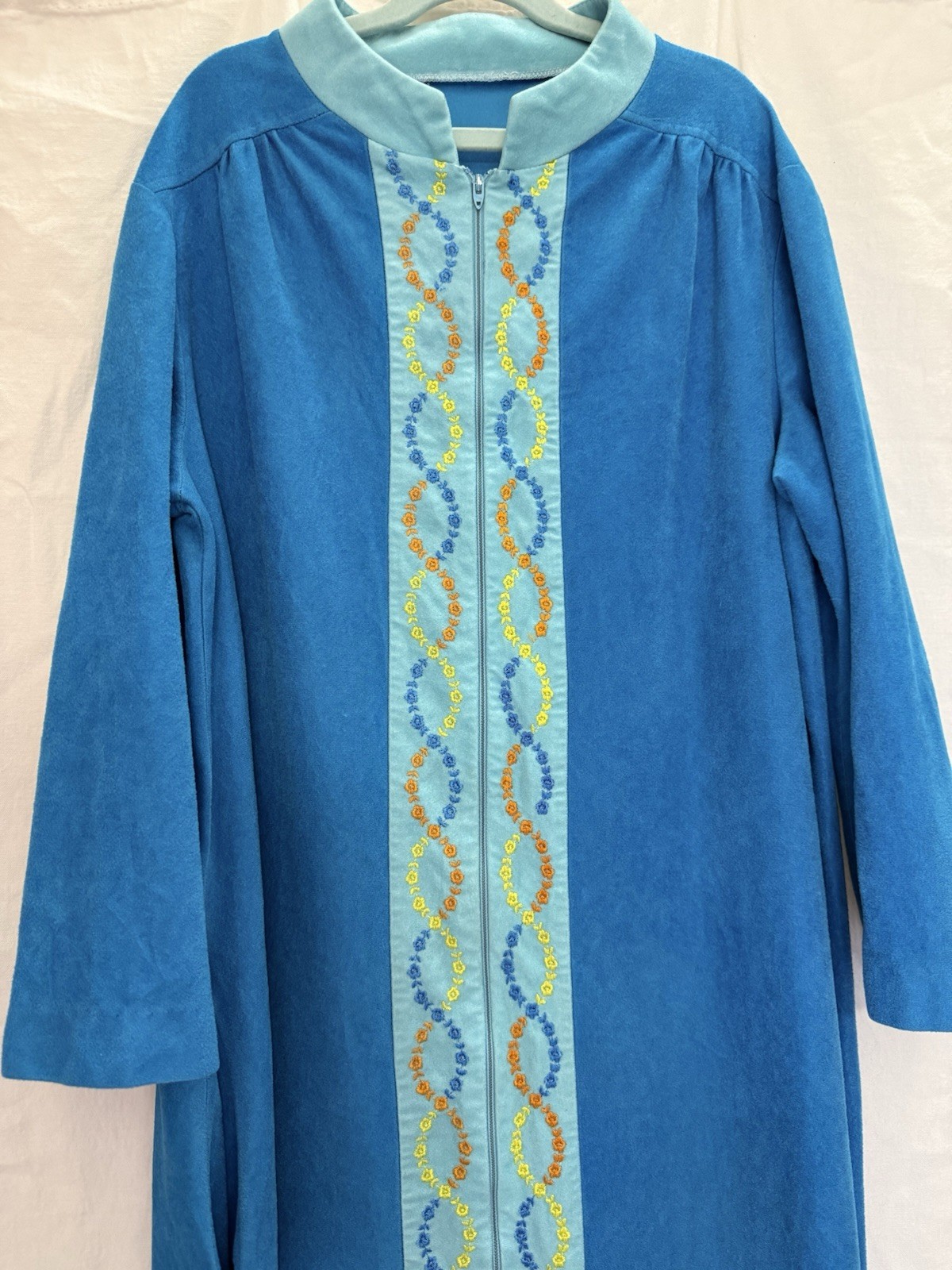 VTG 70s Blue Hostess Caftan Maxi Lounge Dress Boho Grandma Chic Glam