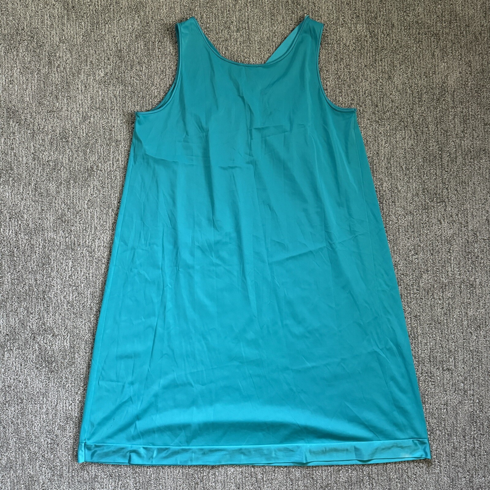 Vanity Fair Vintage Tank Top Nightgown Teal Green Mid Length Lace Satin USA Med