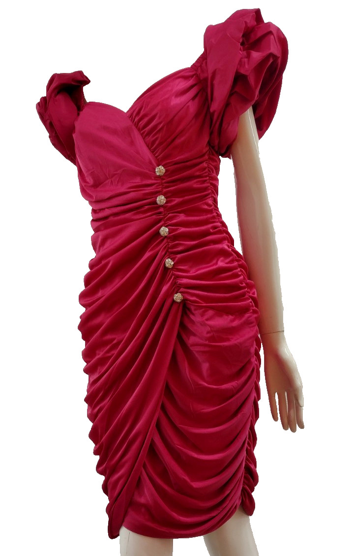 1980s Couture Dress Pink Fuchsia Balloon Sleeve Rhinestone Buttons SAMIR 80s M