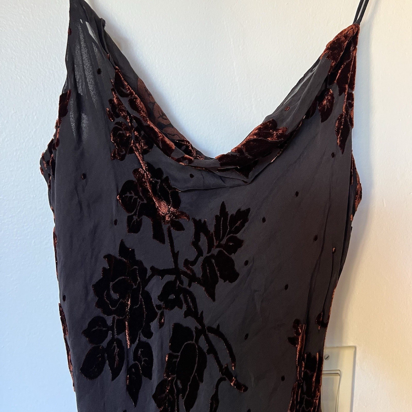 Cachet Vtg 90s Y2K Velvet Silk Black Midi Dress Sz 14 Whimsigoth Side Slit Fairy