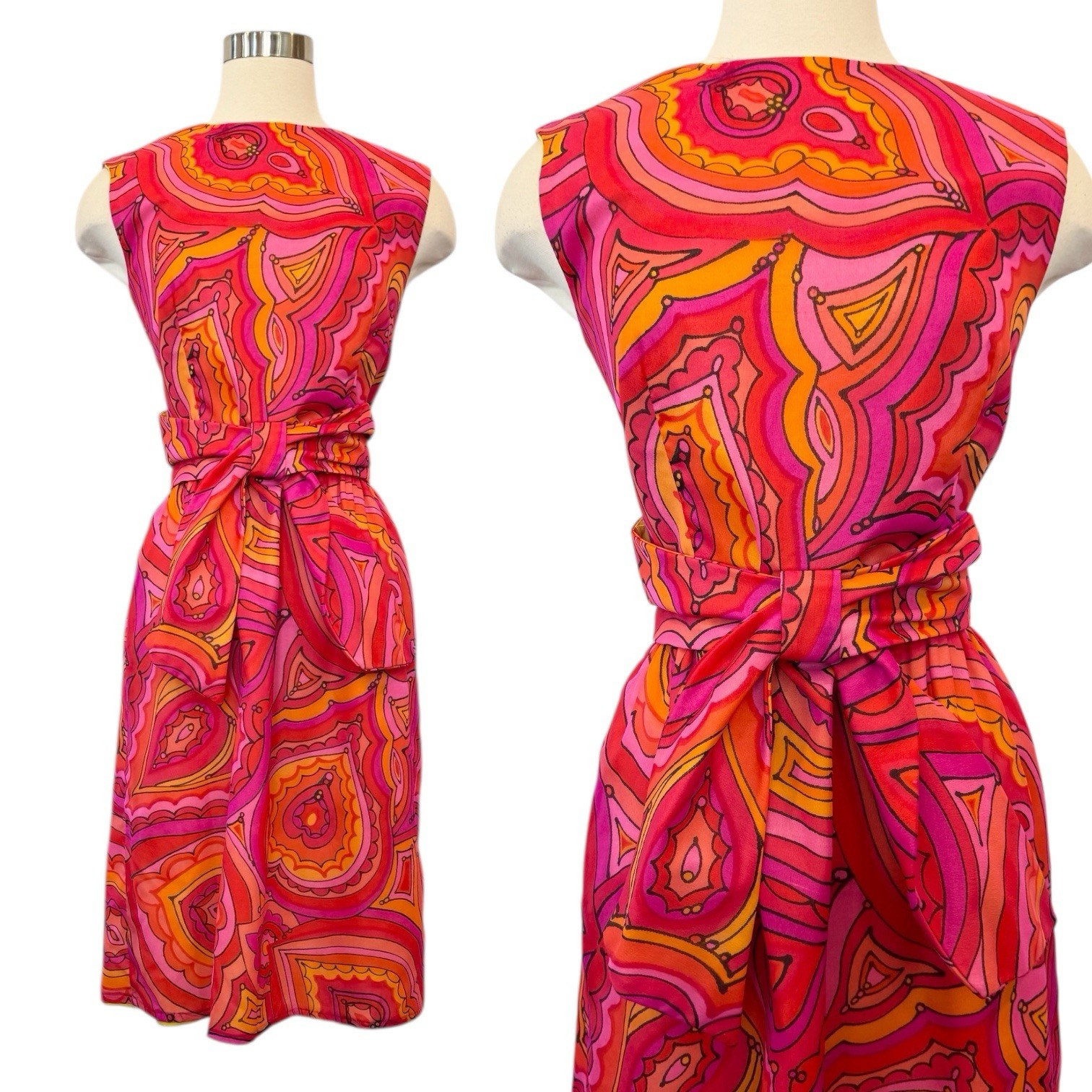Vintage Malia Hawaiian Pink Orange Mod Heart Paisley 60s 70s Shift Dress 12