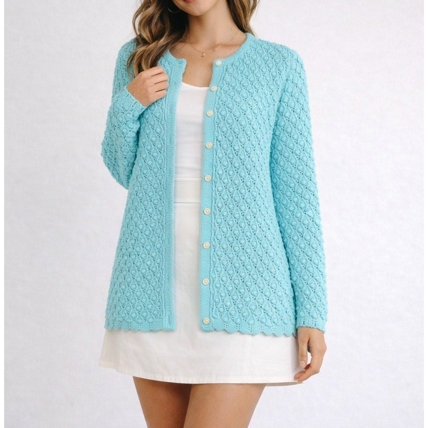 Vintage 60s Aqua Popcorn Bobble Knit Cardigan Sweater M Coquette Cottage