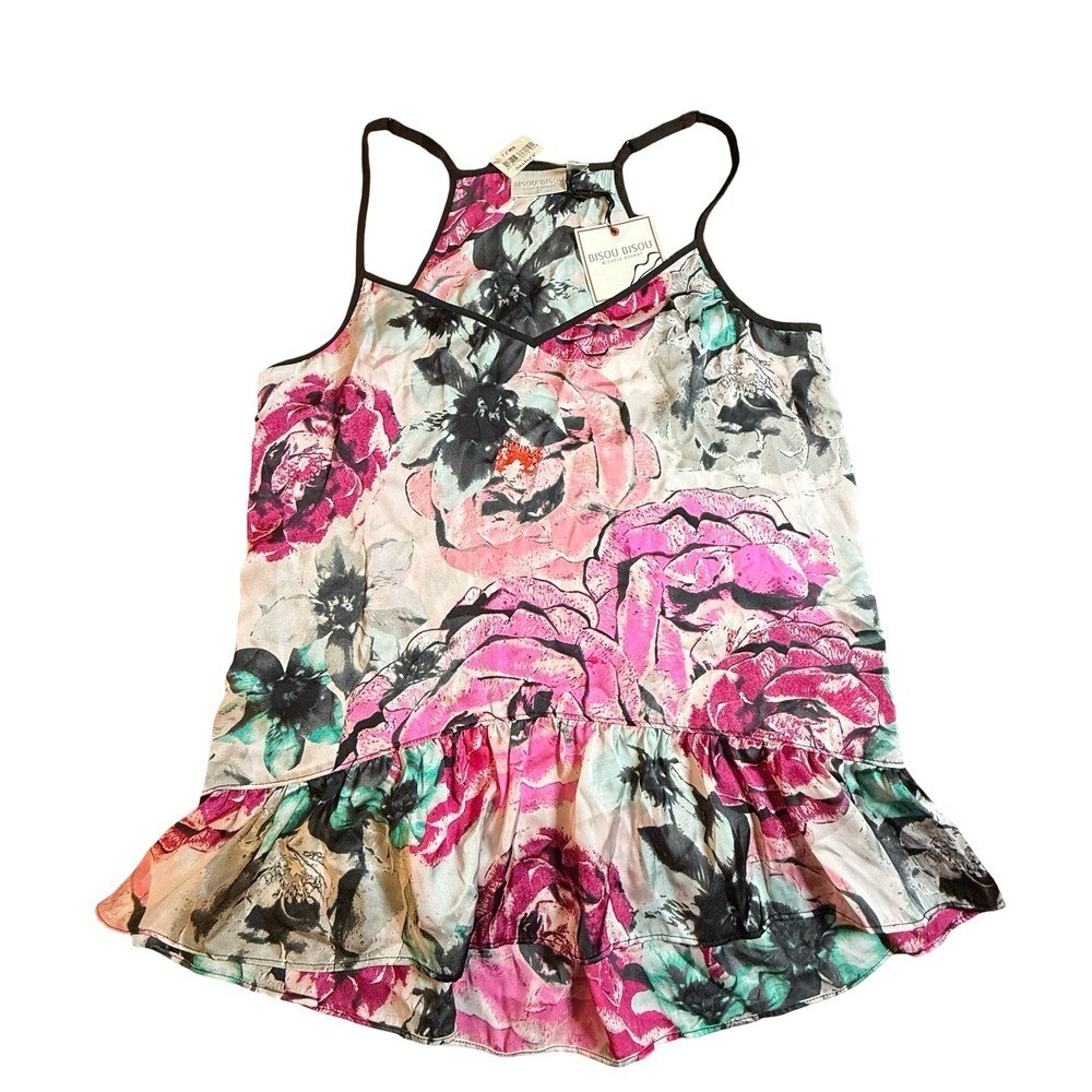 Bisou Bisou Michele Bohbot Floral Peplum Cami Halter Top Pink Black Small NWT