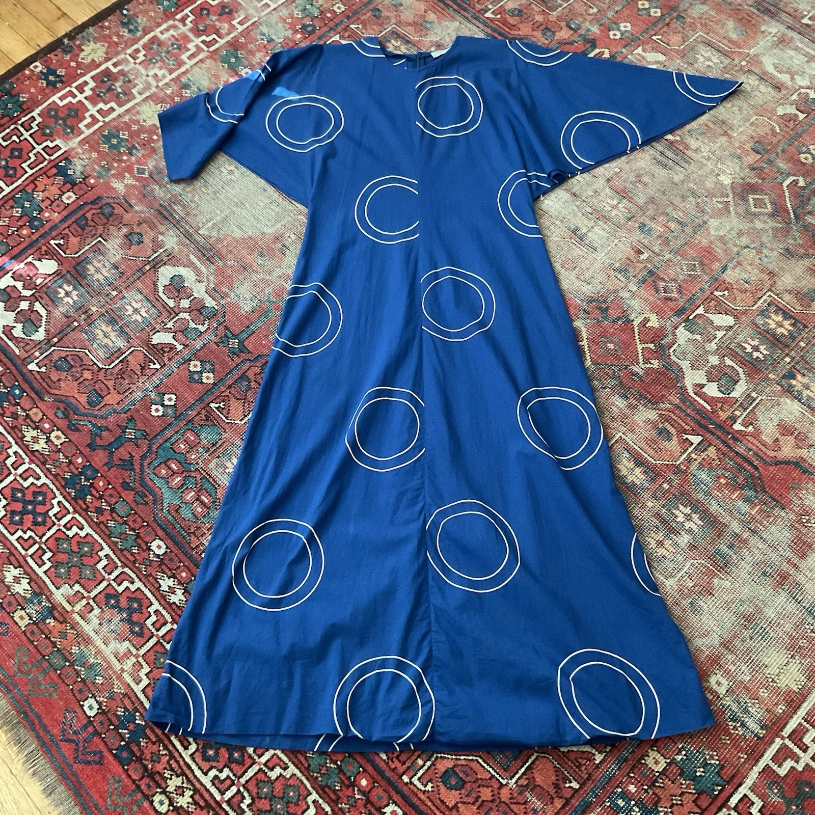 Vintage 1970s VUOKKO Finland Blue Circles Cotton Dress Kimono Sleeve Modernist