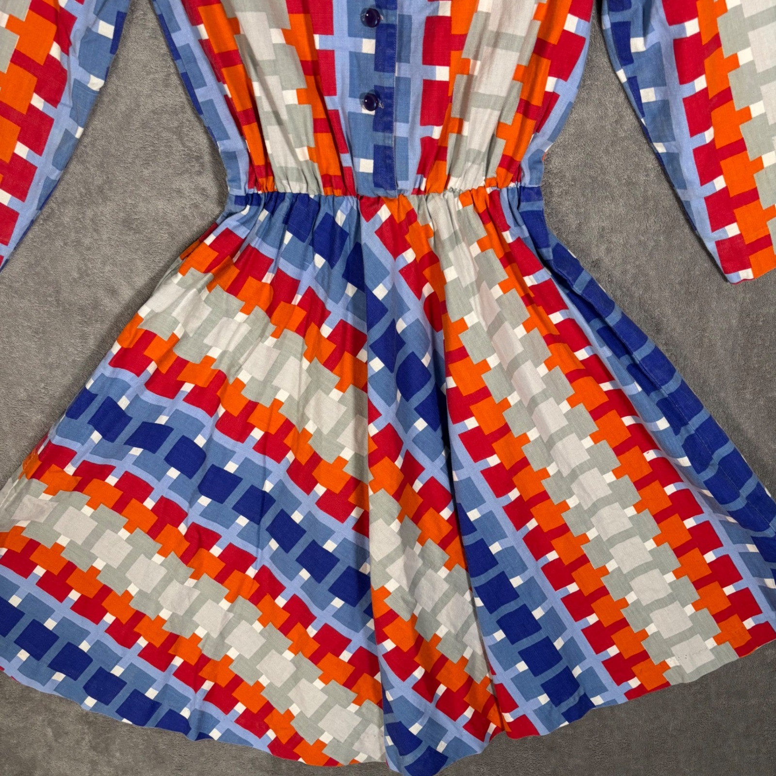 Vintage Geometric Pixel Print Fit & Flare Shirt Dress Multicolor 70s Style MCM