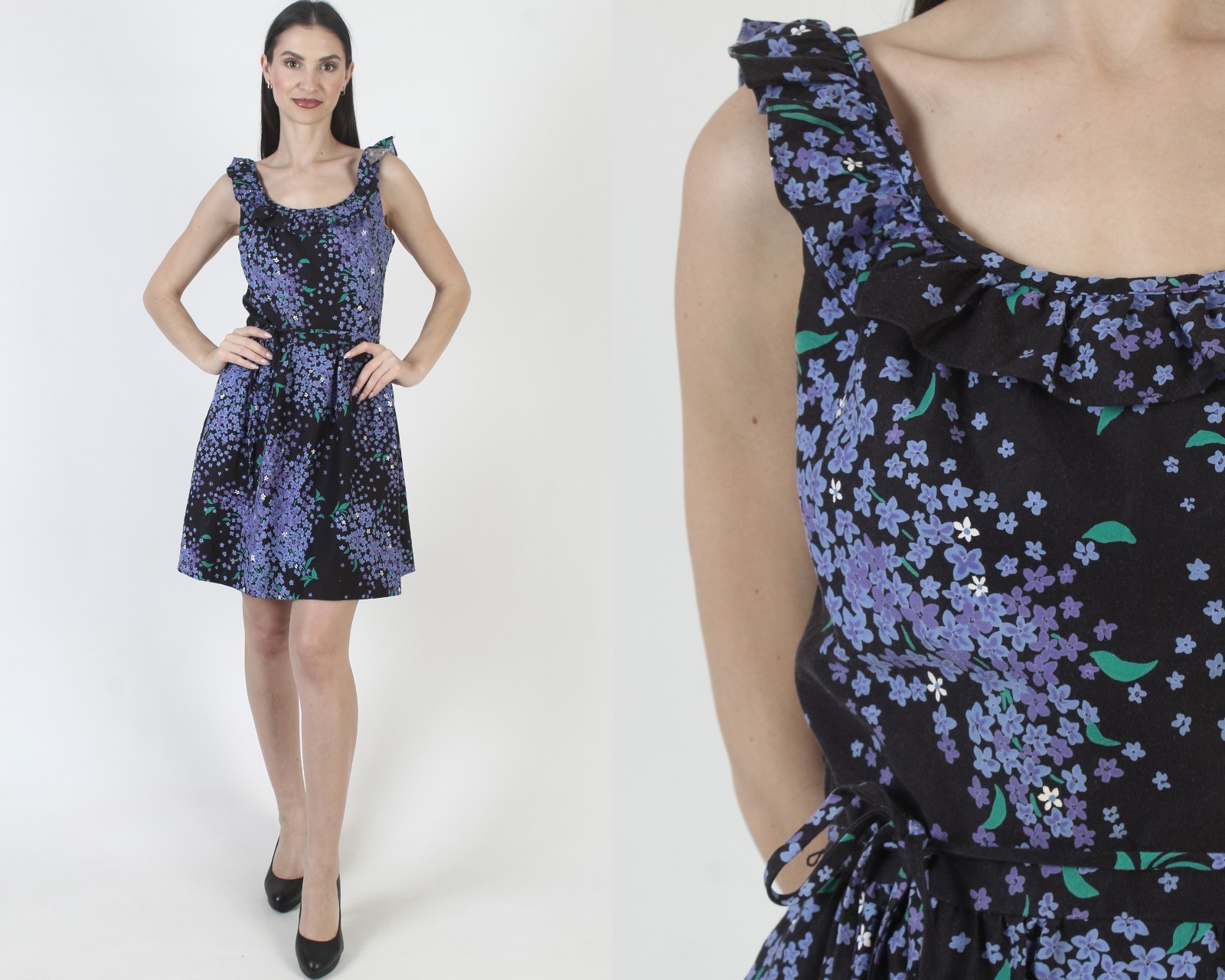 Vintage Malia Black Floral Dress Hawaiian Tiki Party Luau Belted Sundress 10