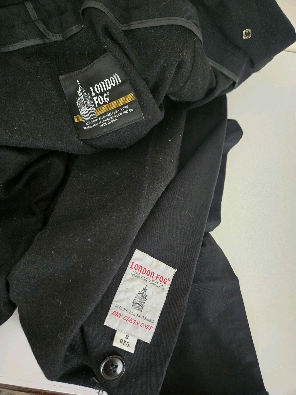 Vintage London Fog Made in USA Lined Black Trench Coat Size 8 Reg FREE SHIPPING