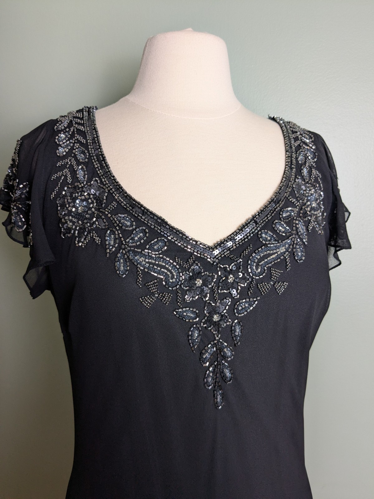 Old Hollywood Inspired Beaded Black Flowy Slip Dress