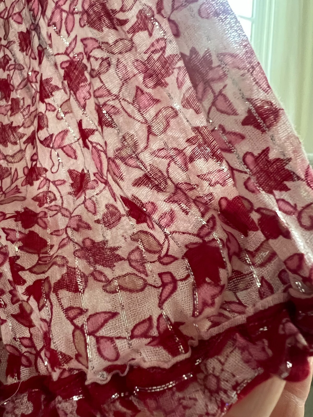 Vintage OH CALCUTTA India Cotton Gauze Hippie Dress Sz M~Red w Silver Thread