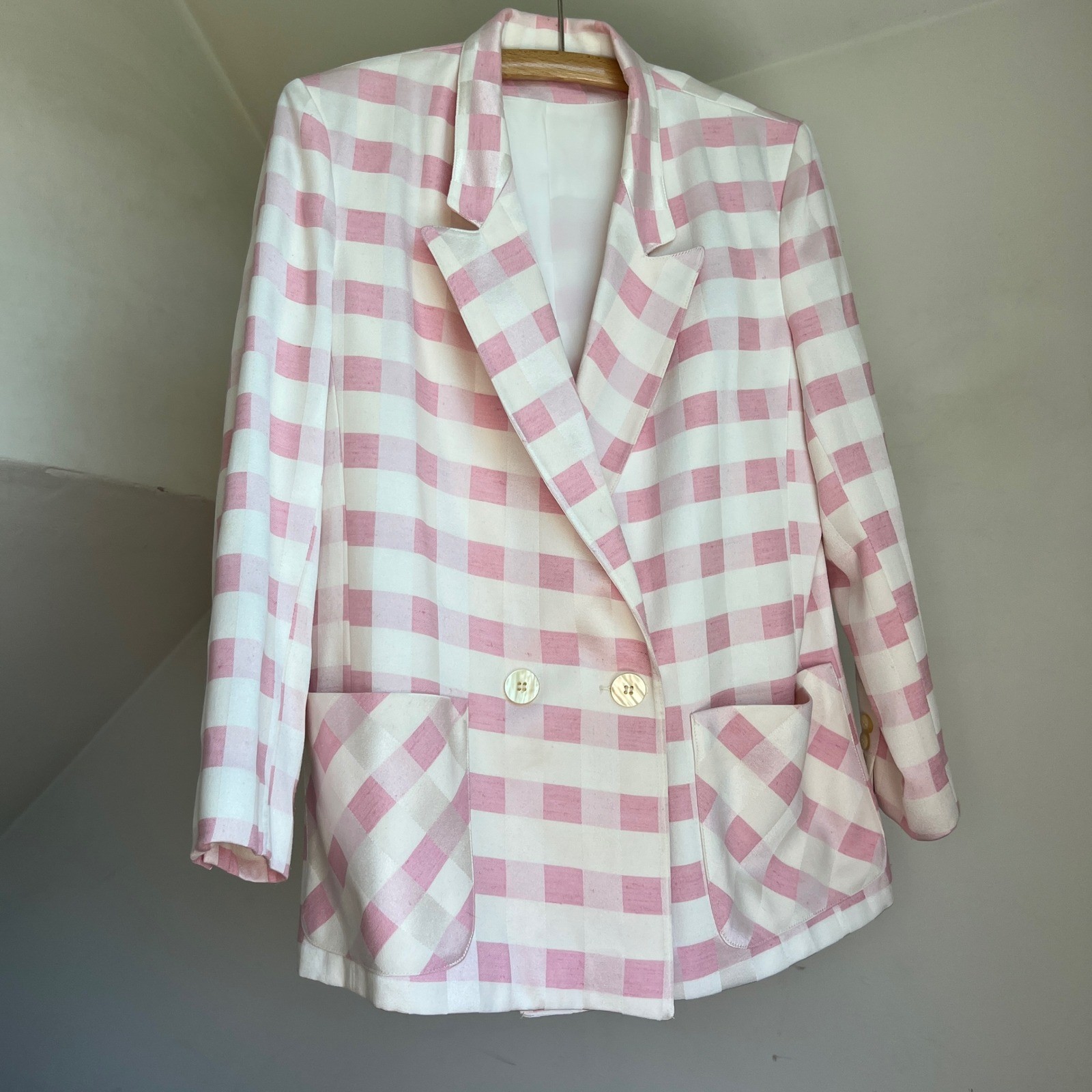 Vintage 1980s Blazer Pink White Gingham Check Double Breasted Jacket Avant Garde