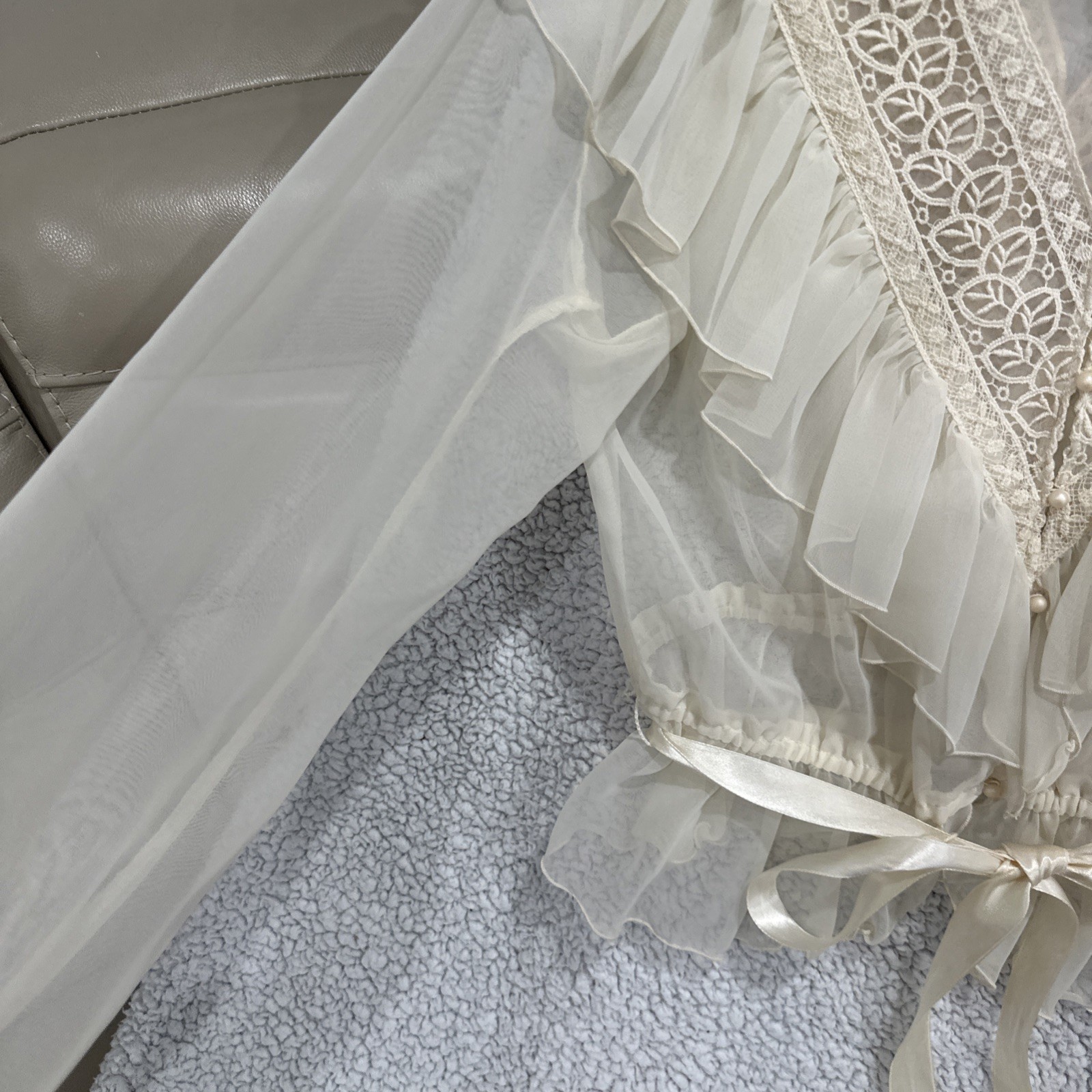Vtg 70s ILGWU Ivory Peignoir Style Dress Sheer Chiffon Lace Yoke 9/10 Cottage