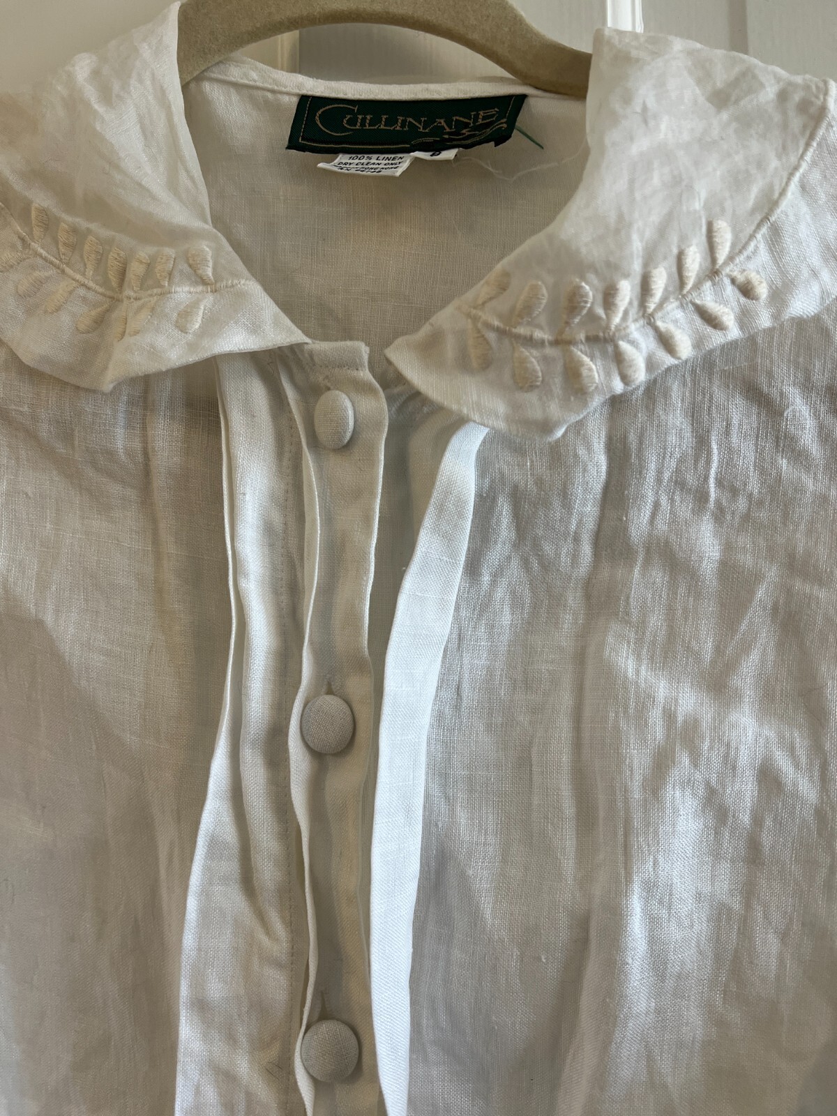 1980s Cullinane White Large Ruffle Collar 100% linen Romantic Blouse Shirt Sz 8