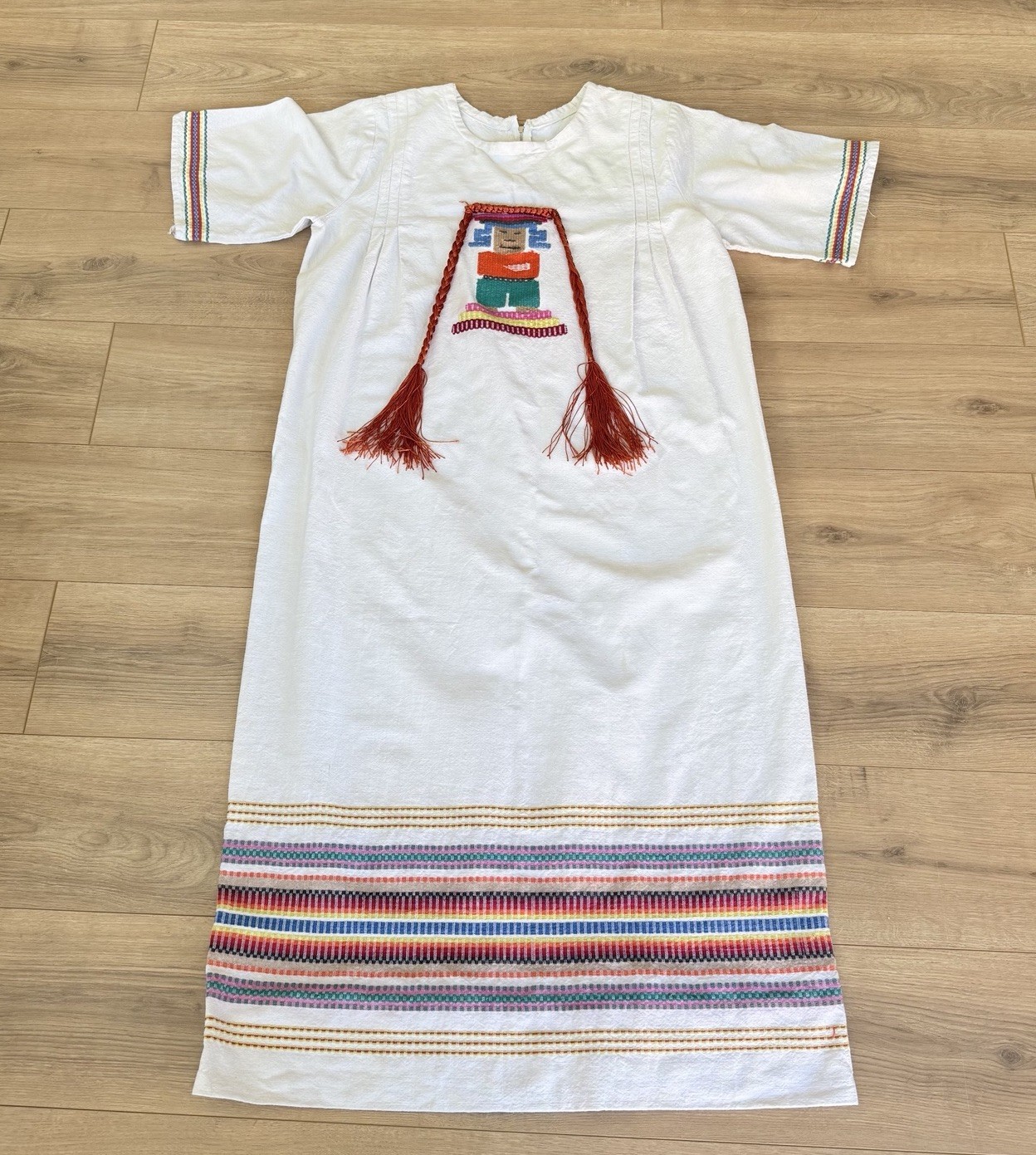 Vintage Mexican Huipil Dress Cotton Embroidered Indigenous Women Braids