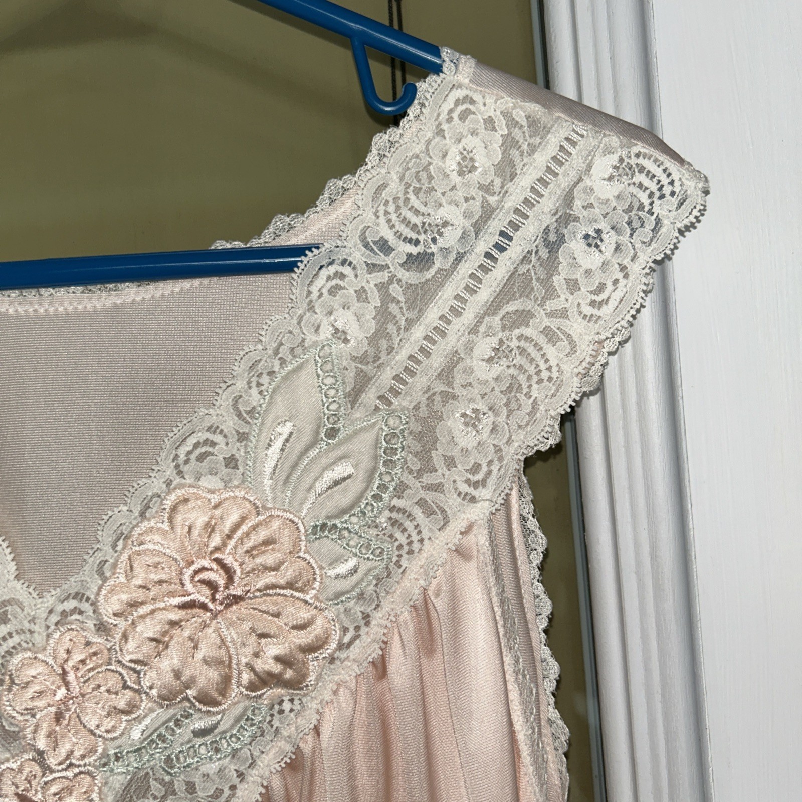 Vintage Shadowline Pink Nylon Nightgown Lace Applique Long Size L