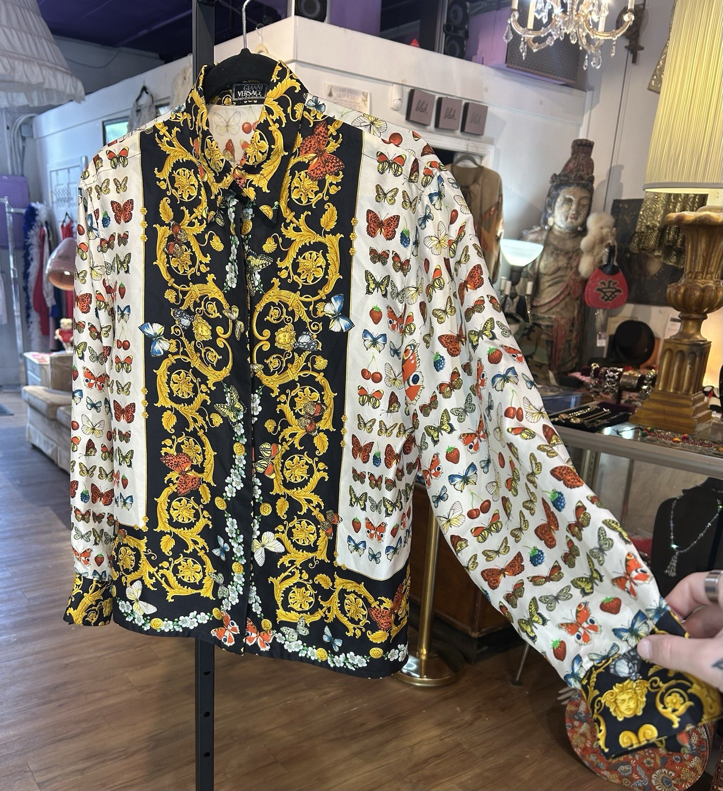 Vintage 1990s Gianni Versace Silk Blouse w/ Baroque Butterfly Fruit Print