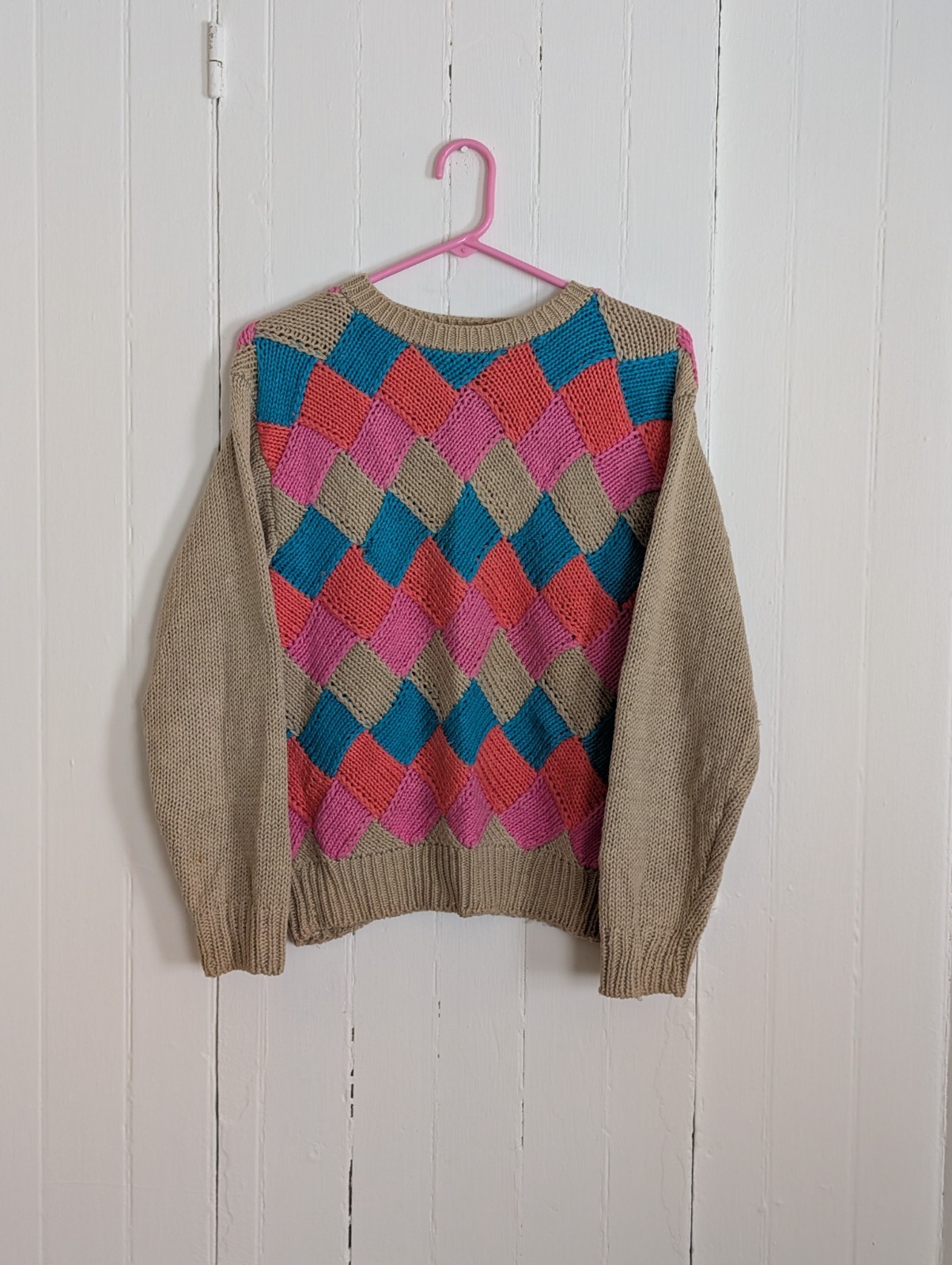 Vintage 1980&rsquo;s-1990&rsquo;s Women&rsquo;s Hand Knit Colorful Entrelac Knit Sweater Size L