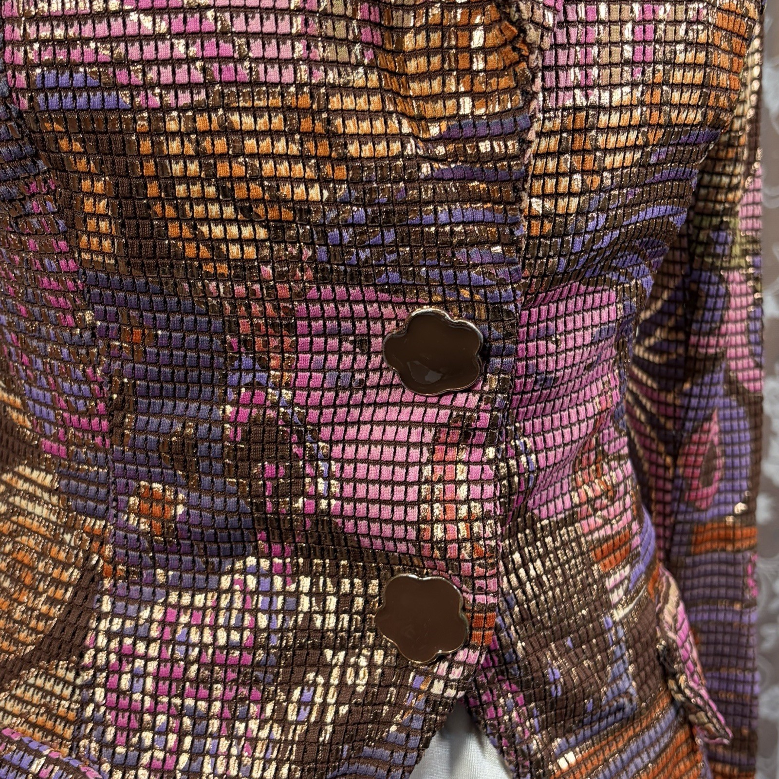 Janine Petites Geometric Skirt Suit Brown Purple Gold Pink Multicolor