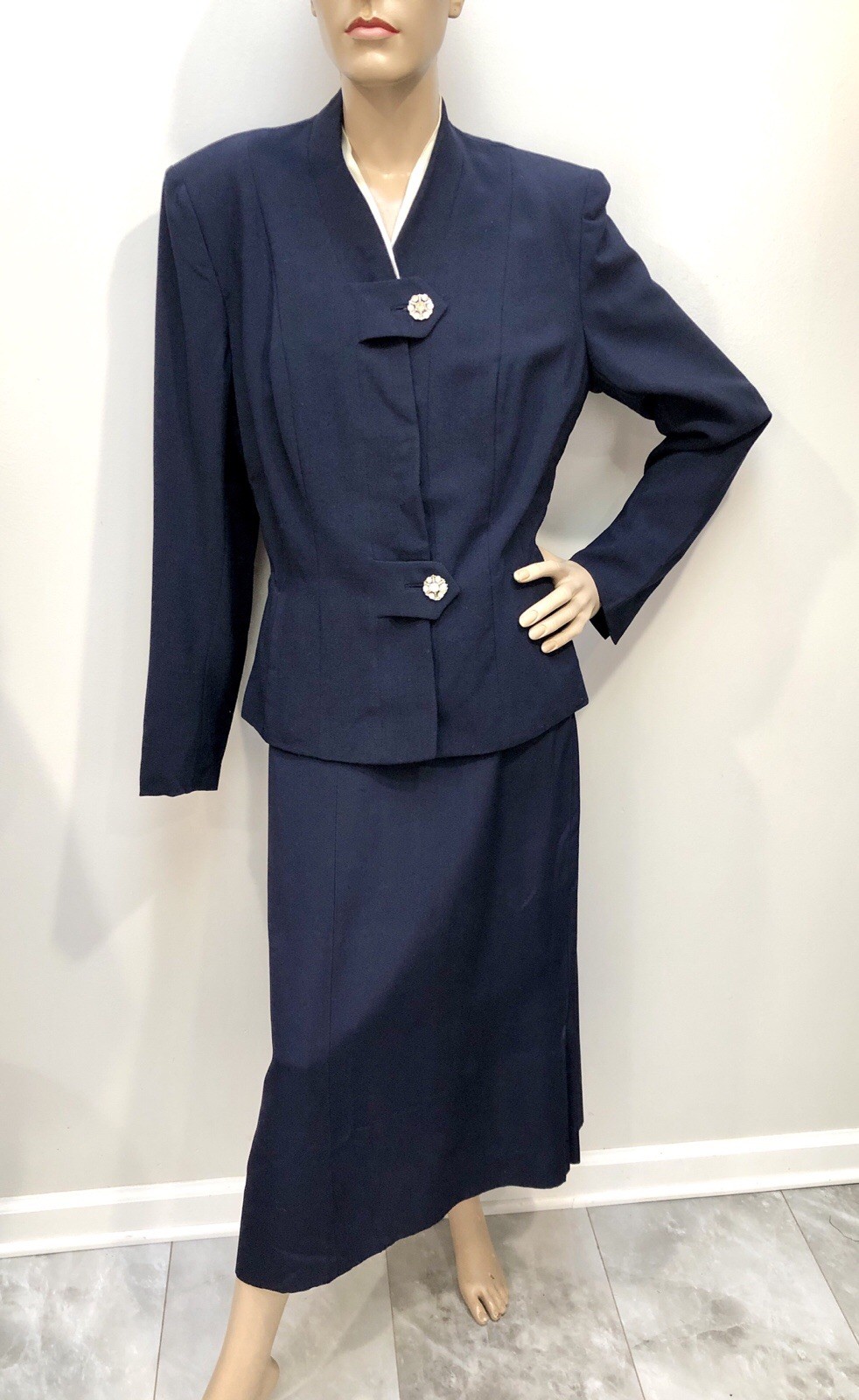 VTG 1940s Navy GABARDINE SUIT JACKET *Rosenbaum Co & Matching FAILLE SKIRT
