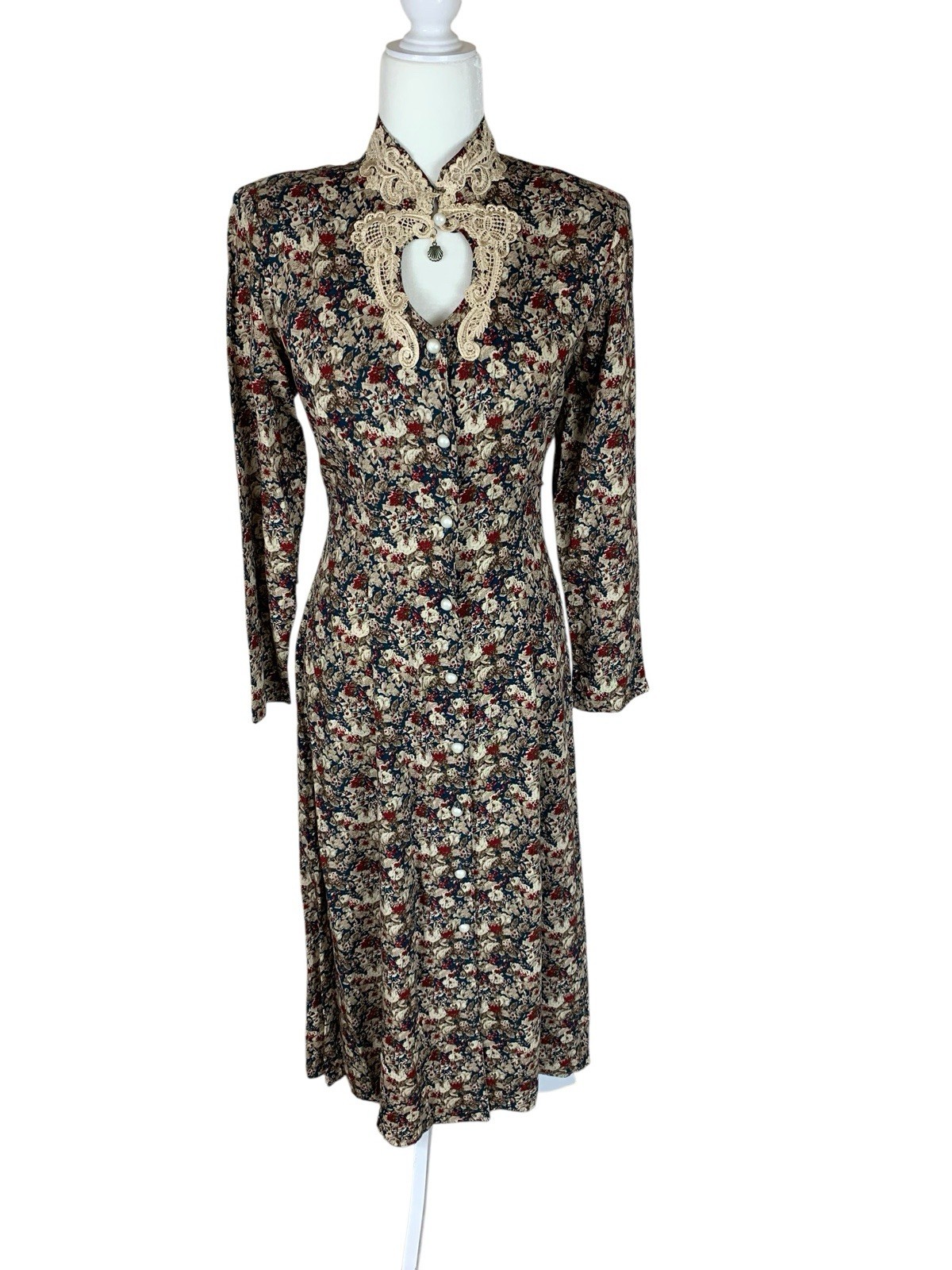 Vintage Dawn Joy Green Ivory Red Floral Button Up Lace Detail Midi Dress 7/8