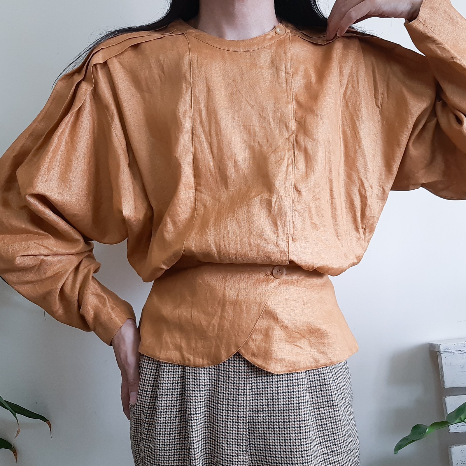 Vintage 80s Brown Linen Peplum Blouse Puff Sleeve Batwing Size S Waist 26.5 Inch