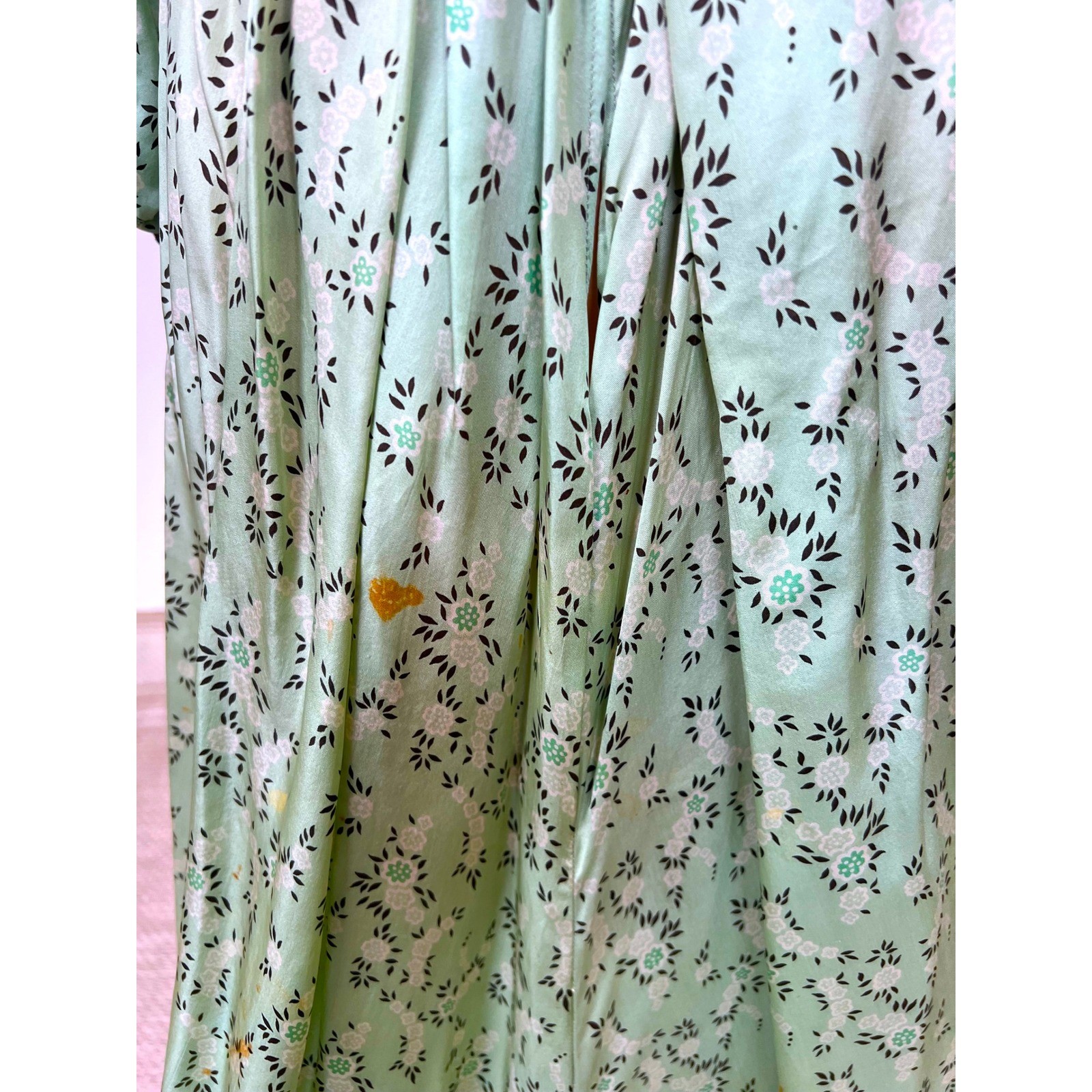 Antique Victorian Mint Green Printed Silk Two Piece Floral Skirt Set Black Lace