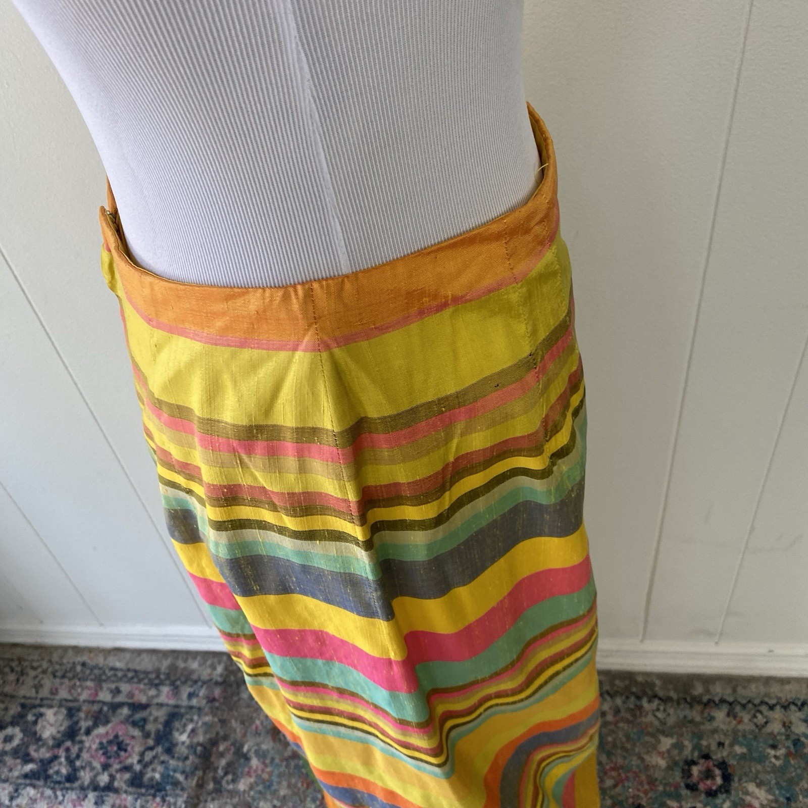 60s 70s Taffeta Multicolor Silk? Striped Maxi Skirt M 28-29” Waist Handmade