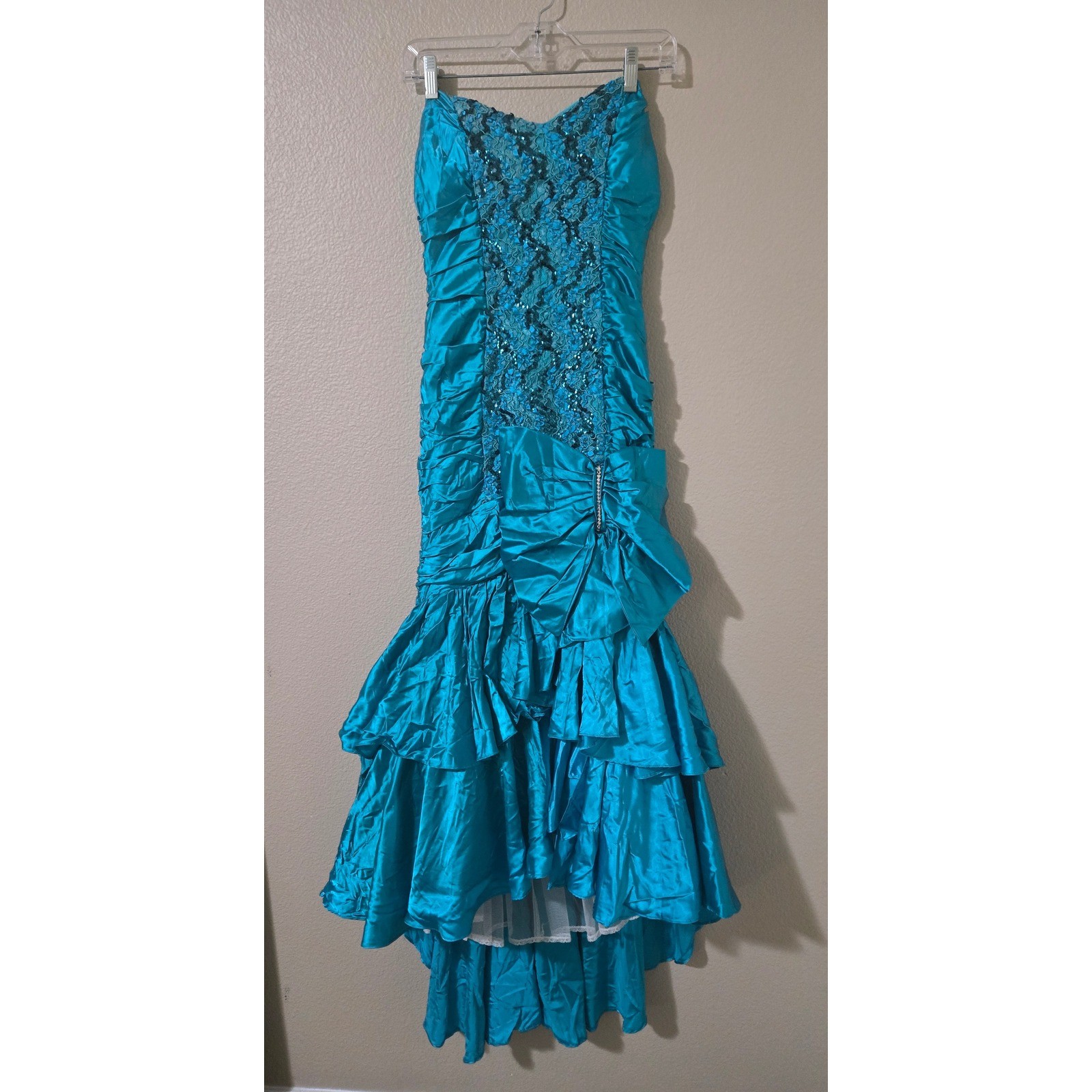 Vintage Zum Zum Teal Satin Sequin Mermaid Prom Dress Bow 80s 90s Size 10