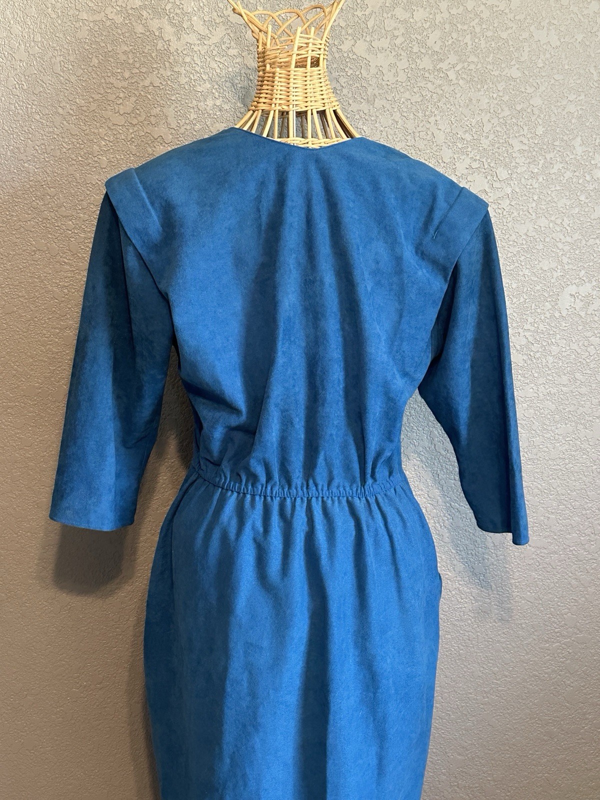 Vintage 80s Blue Button Up Fitted Dress Sz 14 Secretary Lightweight USA Office