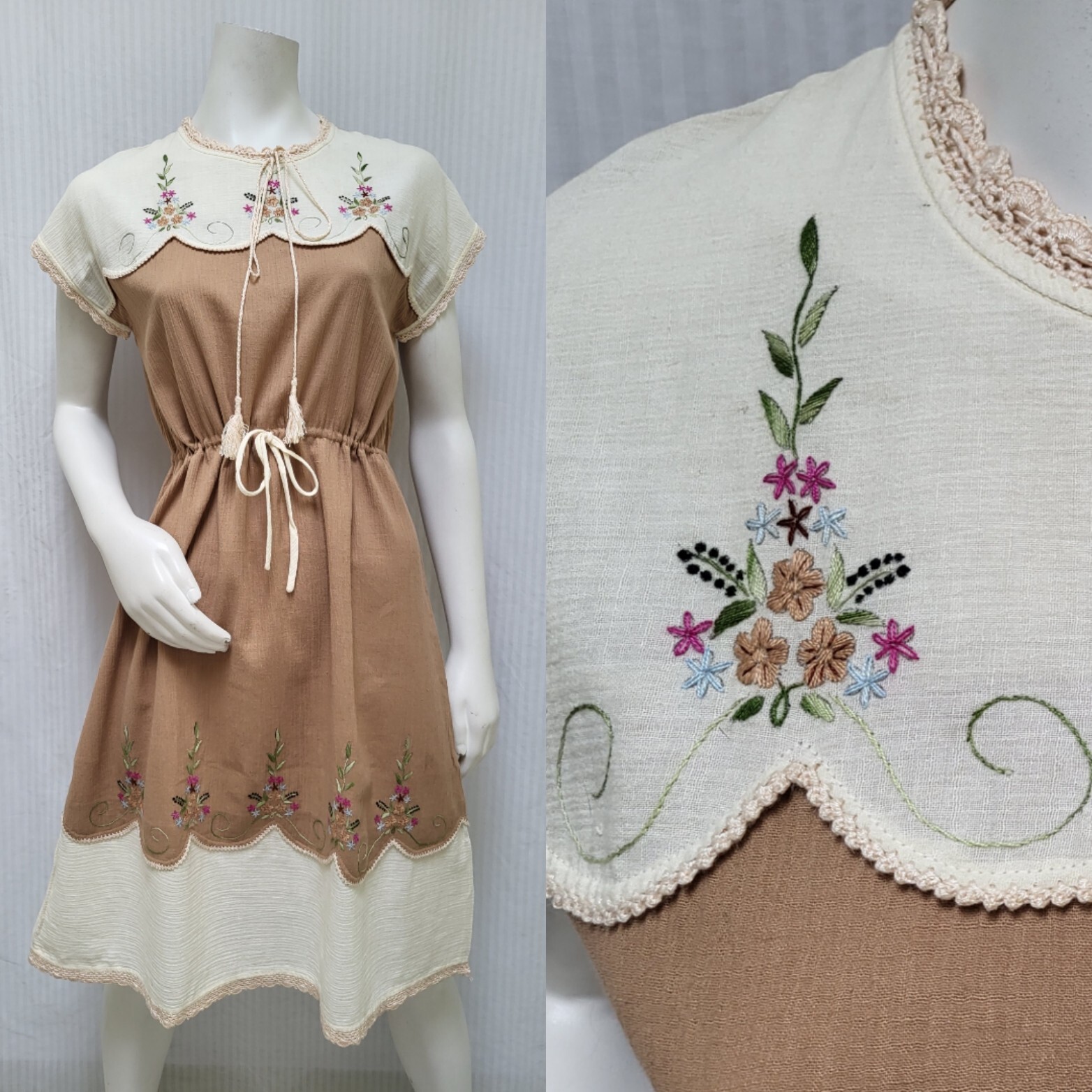 Vintage 1970s Cotton Crinkle Gauze Dress w/ Embroidered Flowers – Size M