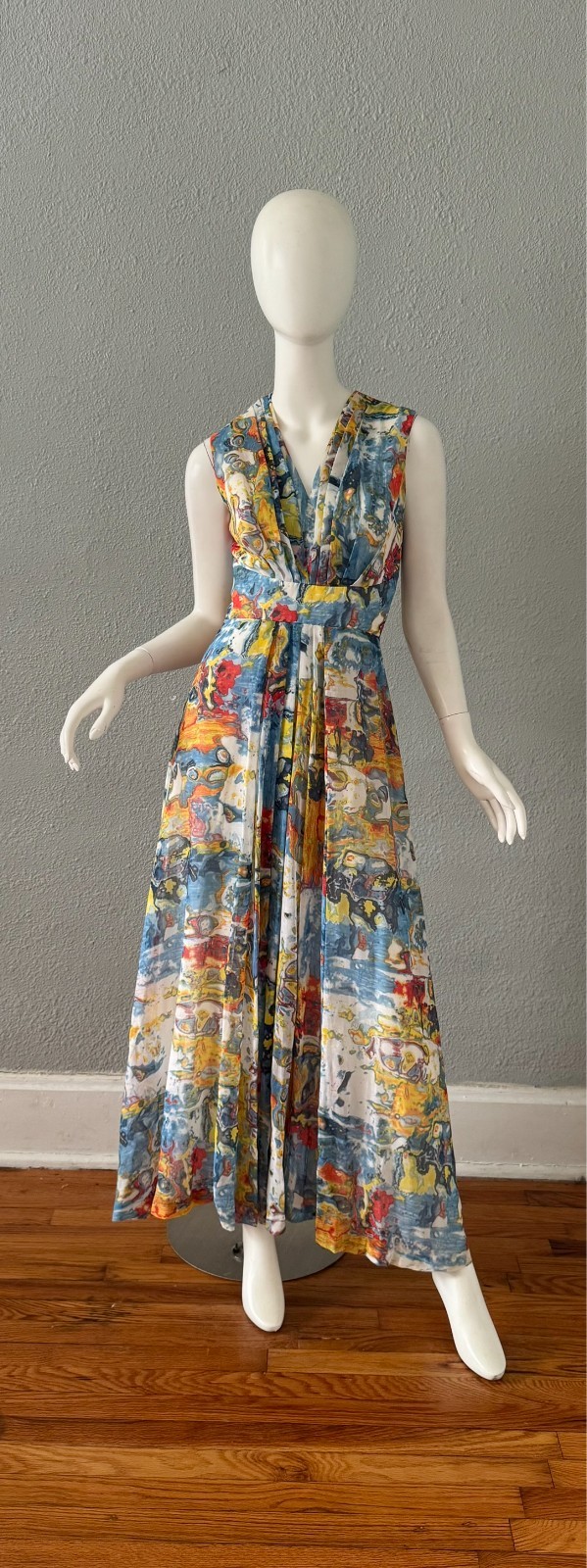 Vintage 60s Abstract Mod Boho Maxi Party Dress XS