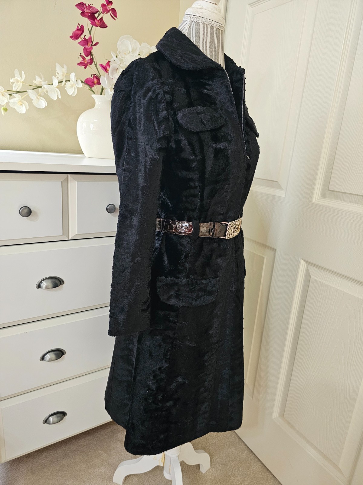 VTG 1960s Adele Simpson Womens Black Crushed Velvet Half Zip Coat Dress Sz. M
