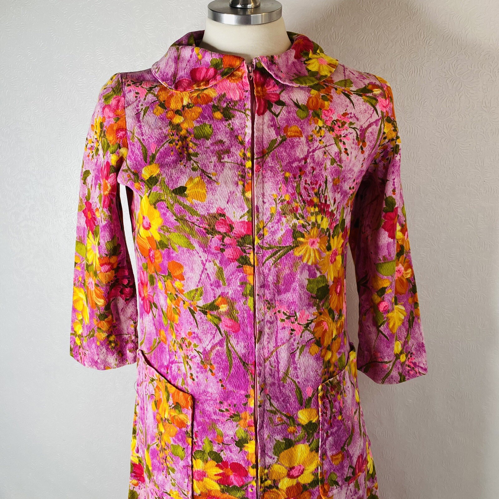 Vtg 60s 70s Midi Dress sz S Purple Floral 3/4 Sleeves Pockets Handmade Unbranded