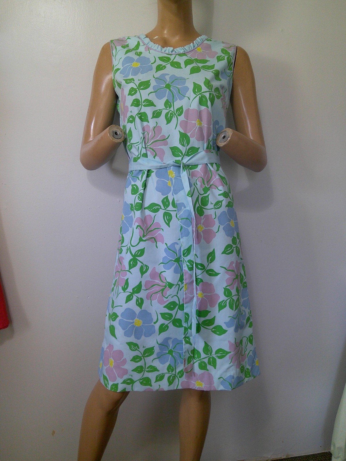 Vtg 60&rsquo;s VESTED GENTRESS Blue Floral Hand-Screened Print Belted Sheath Dress 6