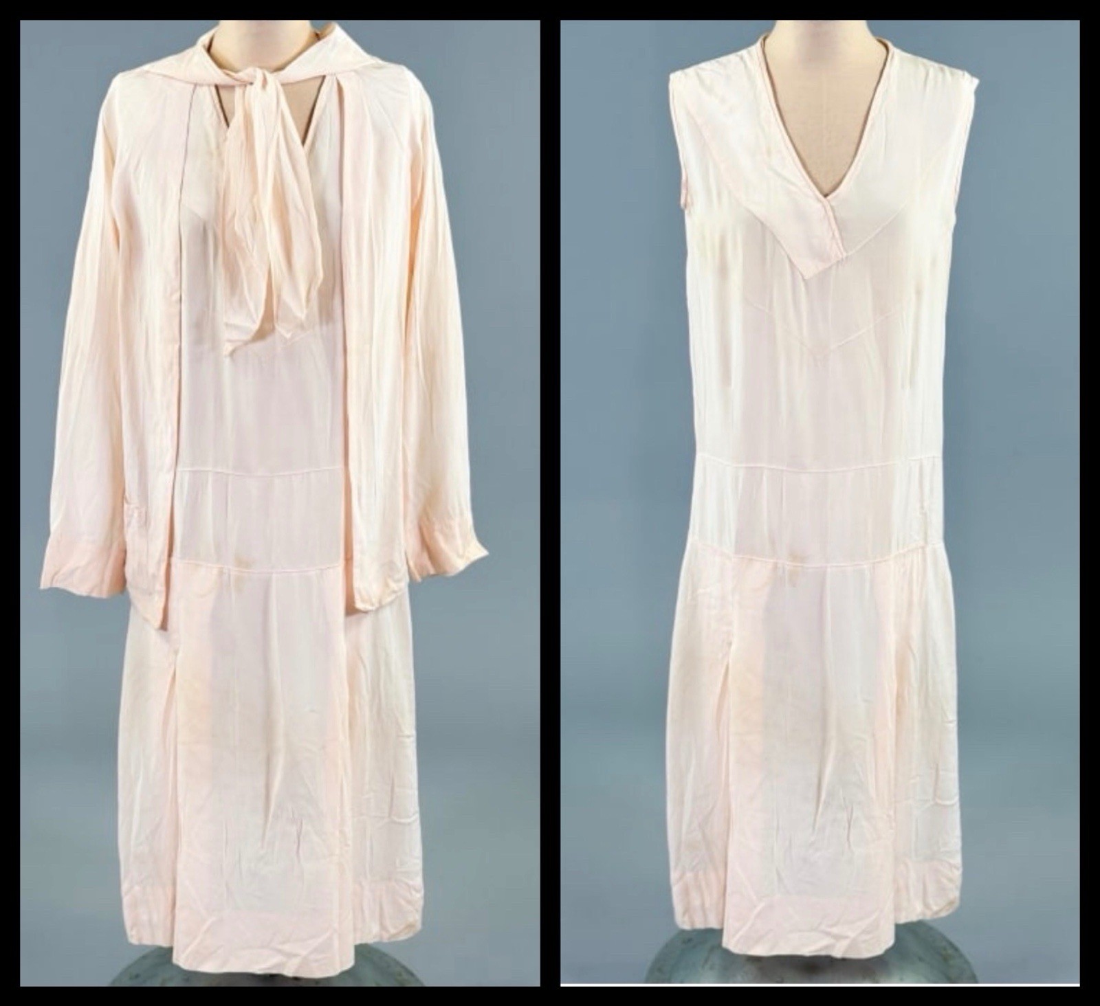 Vintage 1920s/30s Drop Waist Blush Pink Silk Sleeveless Dress & Jacket Set 2 PC