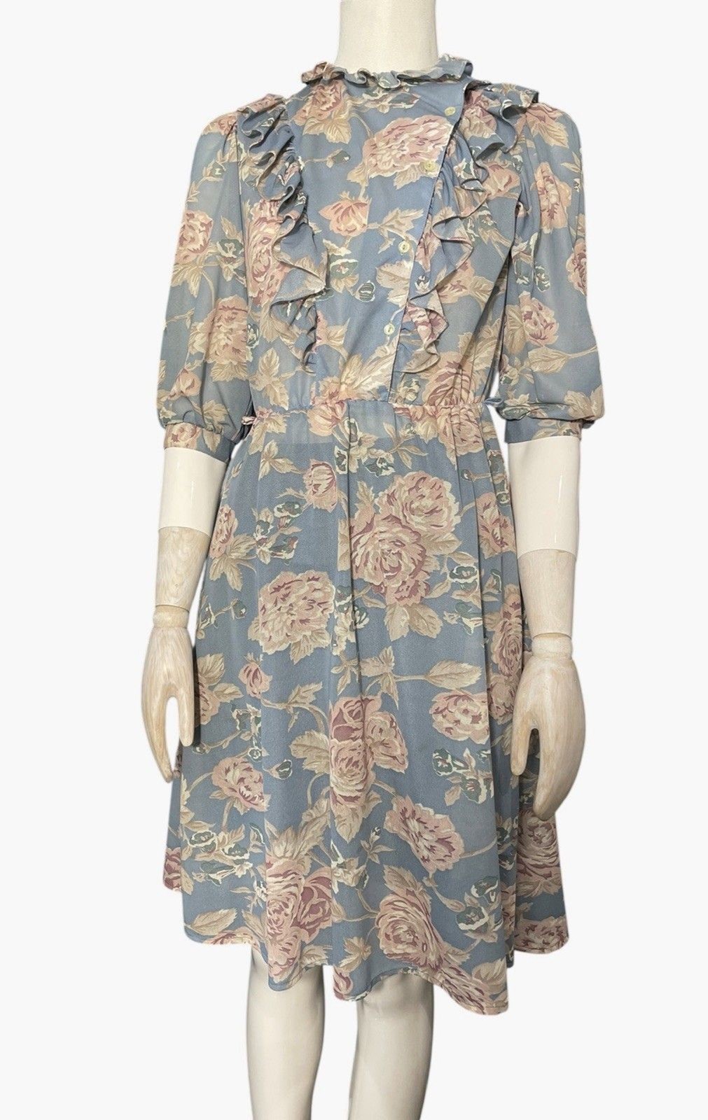 Vintage 80s 90s Buyer Too! Floral Ruffle Midi Dress Blue Pink Size 7