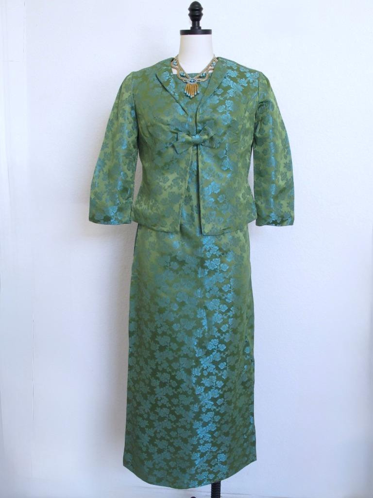 Vintage 60s 2pc Evening Dress XS Sheath Maxi & Jacket Avocado Green Aqua Taffeta