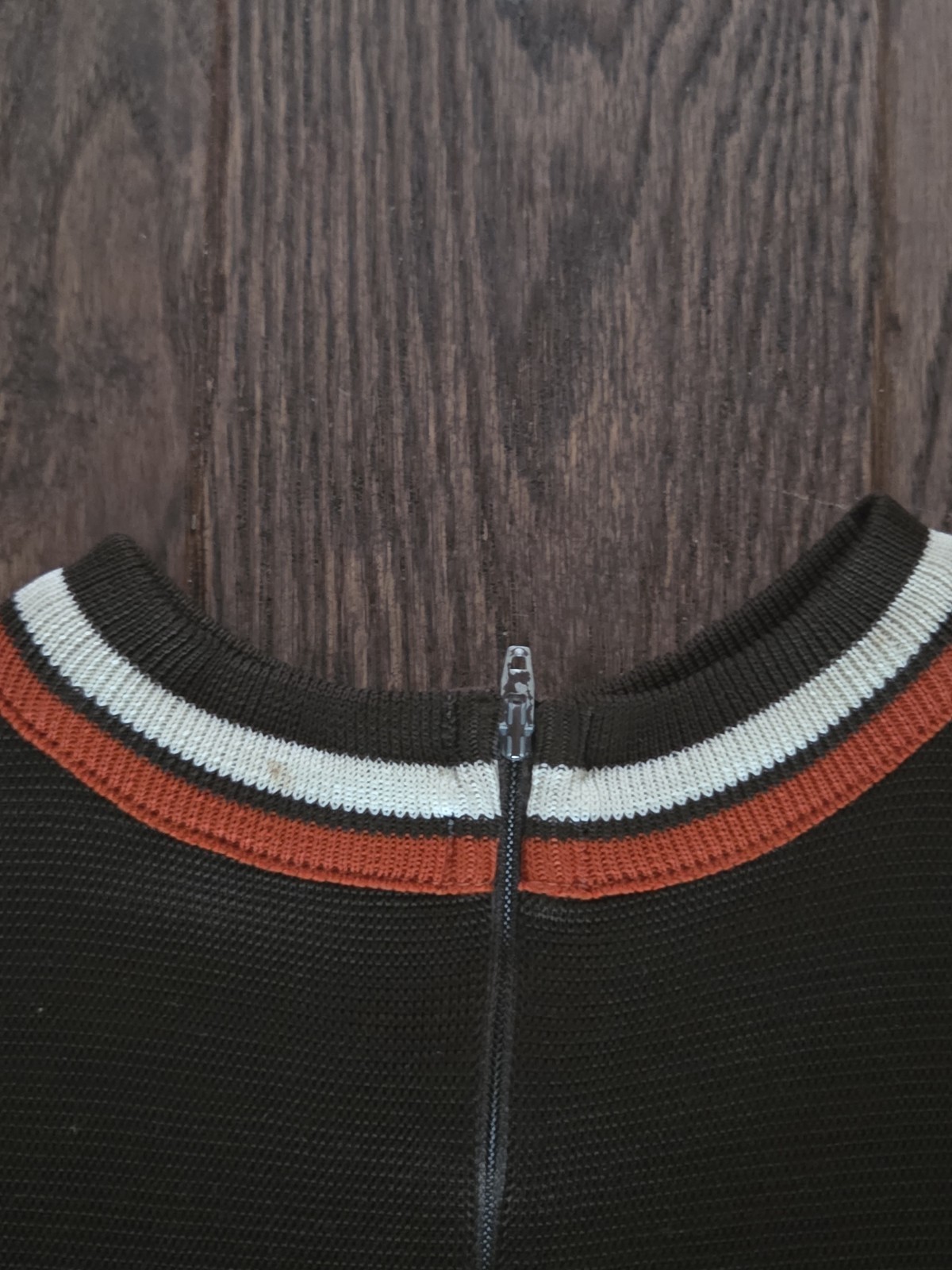 🤎Vintage Brown Sleeveless Knit Shift Dress Orange White Stripe Quarter Zip Mod
