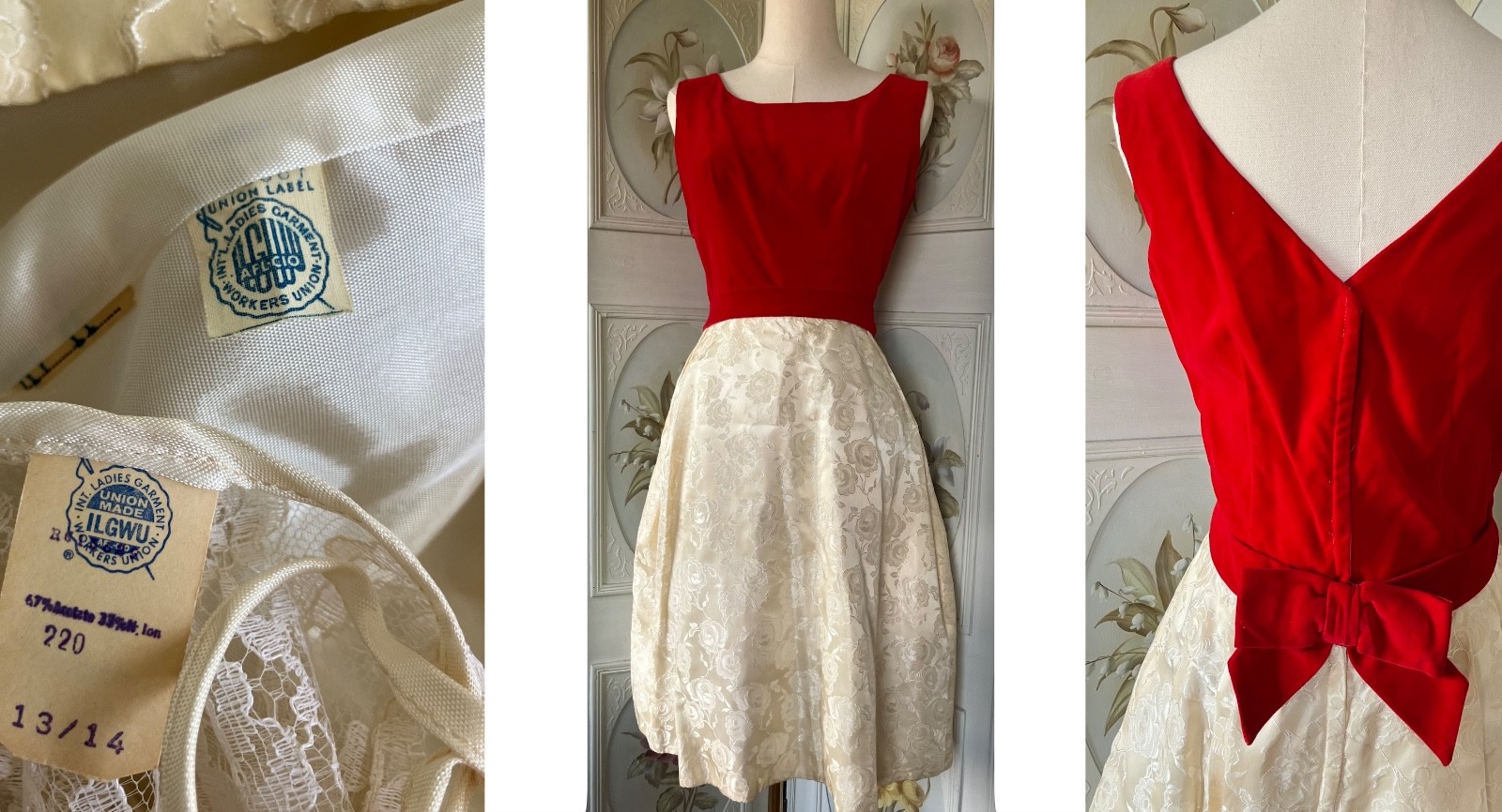 NWOT NEW VTG 50s PARTY DRESS SLVLSS RED VELVET CREAM JACQUARD+LACE SHRUG 13/14