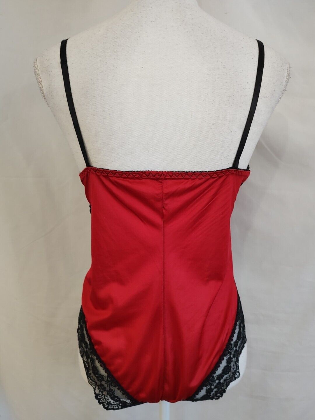 80&rsquo;s Vintage Teddy Romper Red Nylon & Black Lace Super High Cut Leg Sexy Sz S