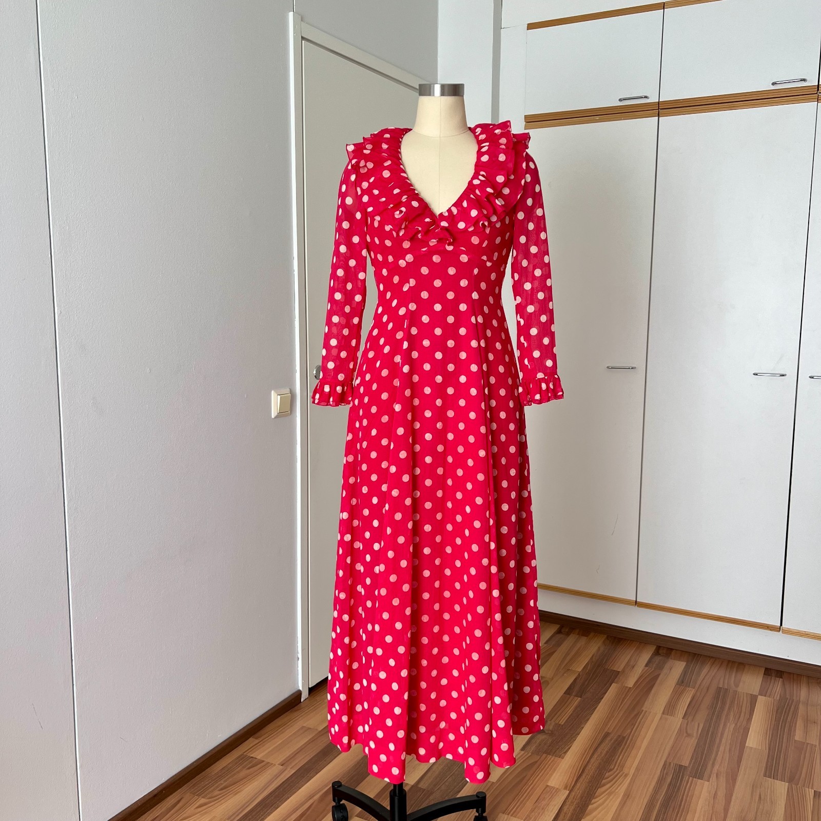 1970s Red Polka Dot Maxi Dress Ruffle Neck Prairie Empire Waist Summer Retro