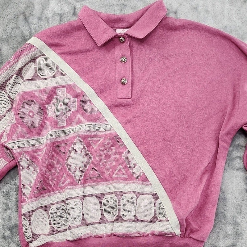 Vintage 80s Graff Top Womens M Pink Silver Metallic 3/4 Sleeve Polo Cabincore