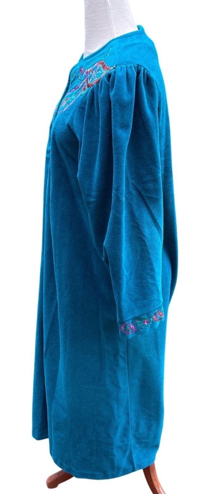 Vintage Vanity Fair Teal Embroider Robe Zip Front 3/4 Sleeves Small Made In USA