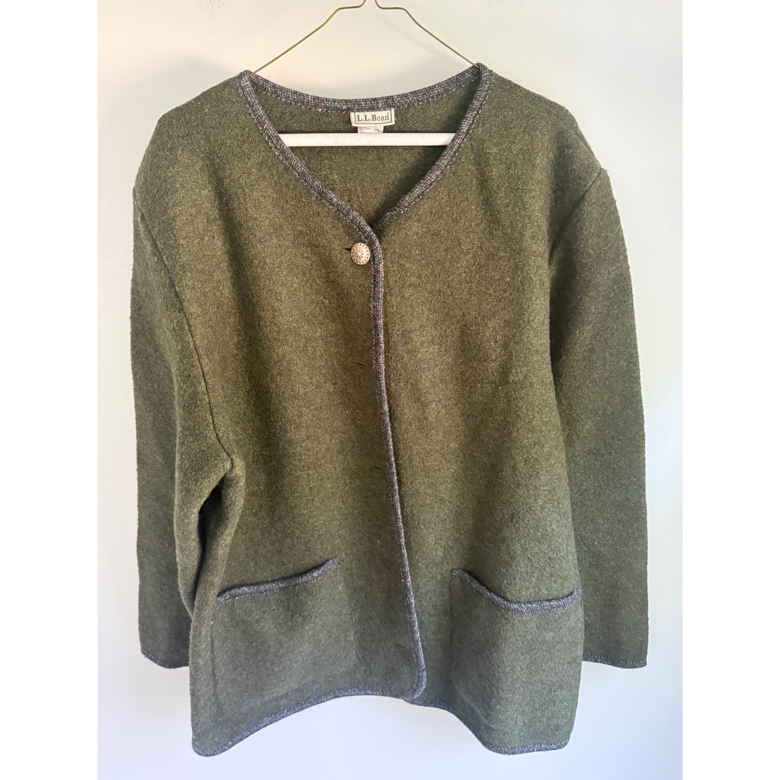 Vintage LL Bean Boiled Wool Coat Womens Large Olive Green Made in Austria 80s