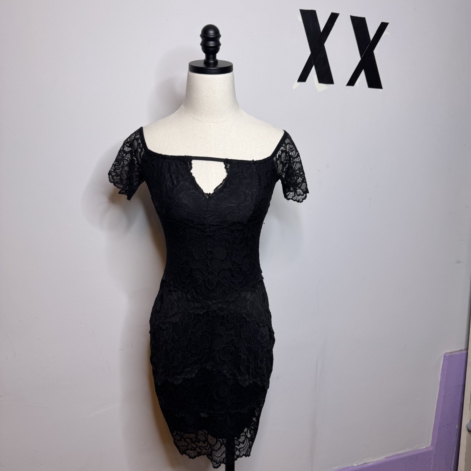 Vintage GUESS Y2K Black Mesh Lace Mini Dress Sheer Party Club XS